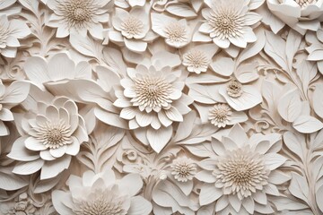 The captivating beauty of a decorative white floral carving, enriched by its texture, against a pristine white wall background