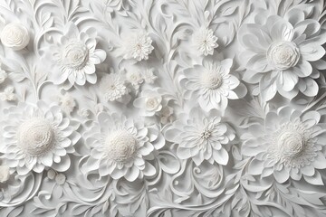 The seamless blend of a white floral carving design against a textured white background, capturing the eye with its intricate details