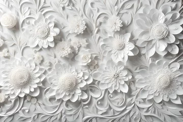 Tapeten The seamless blend of a white floral carving design against a textured white background, capturing the eye with its intricate details © NB arts