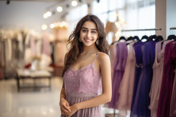 Young indian girl shopping and standing at cloth store - obrazy, fototapety, plakaty