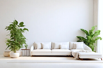 Front view of a minimalist style white modern living room