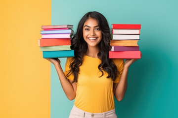 Young girl with stack of books.