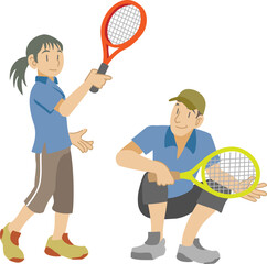 テニスを練習する子供とアドバイスをする父親
