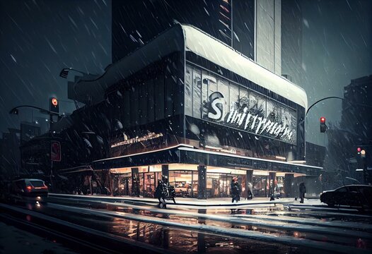 Shibuya the shopping center with Snowing, 2D Anime background, Illustration. Generative AI