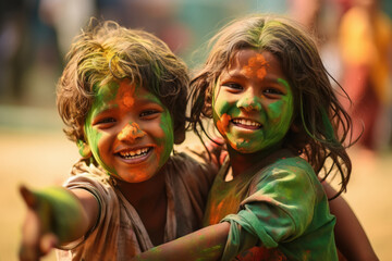 Fototapeta premium Indian children playing color on holi festival