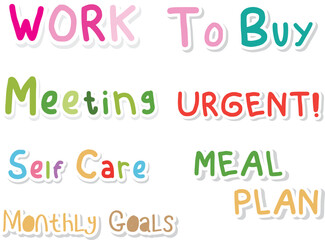 Diary stickers. Daily planner note paper labels, organizer schedule trendy lettering reminders and bookmarks, woman calendar vector weekly planning list set