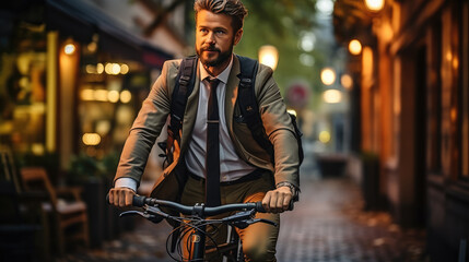 Fototapeta na wymiar Businessman going to work by bike, eco friendly concept