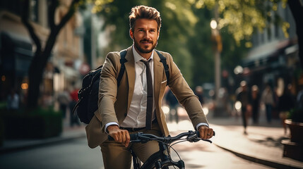 Businessman going to work by bike, eco friendly concept