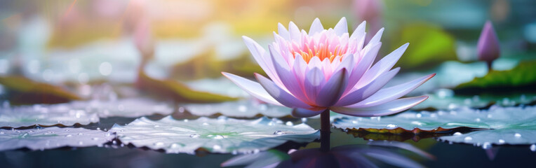 A radiant water lily opens its petals on a tranquil pond, with water droplets reflecting the serene environment.