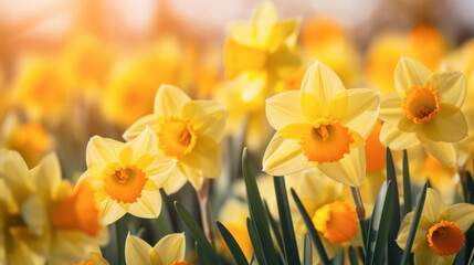 A field of golden daffodils captured in full bloom under the soft sunlight, symbolizing the arrival of spring.