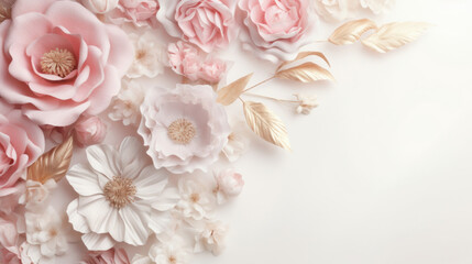 An artistic arrangement of elegant pink paper flowers and gold leaves on a white background, perfect for celebrations.
