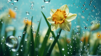 A single daffodil bloom facing a gentle shower, capturing the fresh essence of a spring rain.