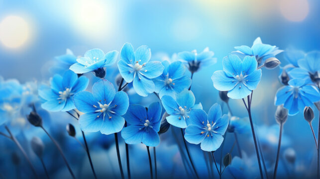 A cluster of vibrant blue flowers blooming under a soft, dreamy light, evoking a tranquil and romantic atmosphere.