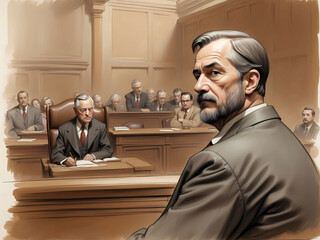 courtroom sketch of person on the stand in a trial - obrazy, fototapety, plakaty
