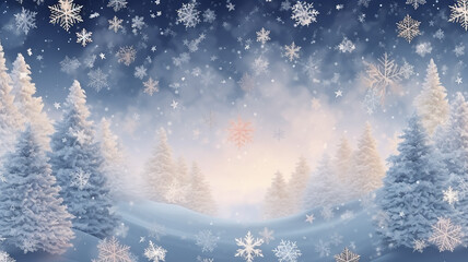 winter landscape, greeting card copy space, Christmas background of falling snowflakes, snowfall in the New Year's forest, illustration