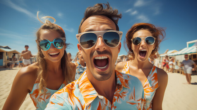 Friends at a tropical beach - vacation - resort - trip - travel - ocean - getaway - escape - summer fun - stylish fashion - quirky charm - selfie - close-up