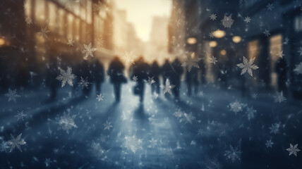 winter blurred background, snowflakes, people crowd, pedestrian street in snowfall, abstract Christmas backdrop
