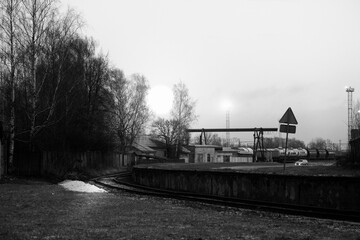 morning sunrise, town outskirts, abandoned railroad, black and white, urban industrial landscape