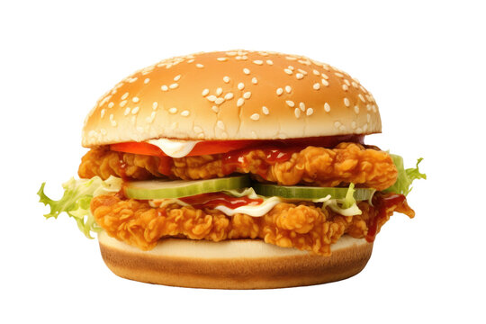 Crispy Chicken Patty Burger Render Isolated on Transparent Background