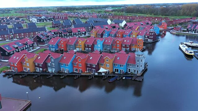 Aerial view of colorful Dutch harbor Reitdiephaven in Groningen
