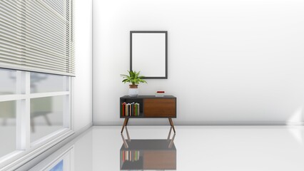 a minimalist room with an empty white picture hanging on the wall in a frame