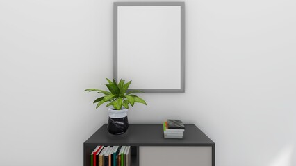 a minimalist room with an empty white picture hanging on the wall in a frame