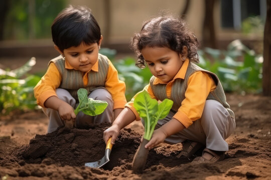 cute indian children doing plantation