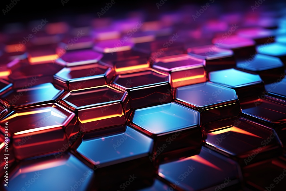 Poster metallic black blue ad pink glowing hexagons moving pillars abstract background 3d rendering generat