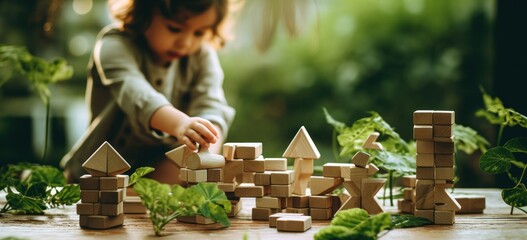 Focused child playing with wooden blocks, educational toys for creativity. Childhood and learning