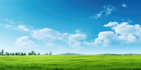 Fototapeta na wymiar Green grass on blue clear sky, spring nature theme. Panorama landscape