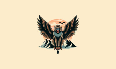 baboon with wings on mountain vector mascot design