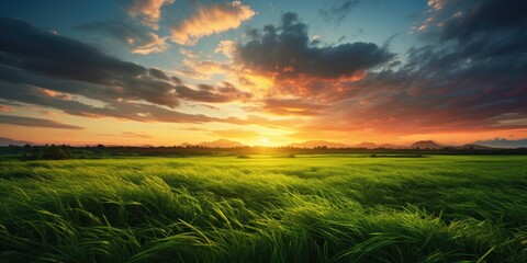 Green grass on evening sunset, morning dawn, spring nature theme. Panorama landscape background