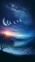 Moon Phases Over Tranquil Landscape with Tree Silhouette