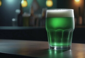 glass with green beer on a table in a bar