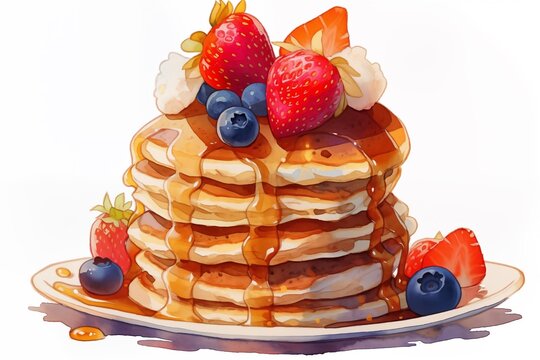 Fresh pancakes stacked on white plate with maple syrup, mixed berries (strawberry, blueberry), cream, butter; delicious, fluffy, tasty, cartoon breakfast dessert watercolor illustration painting