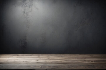 Empty dark wooden tabletop on old gray concrete plaster background
