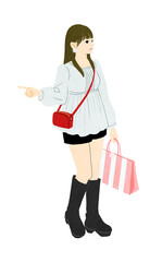 買い物中の、ブラウスにショートパンツを着たロングヘアの女の子のイラスト