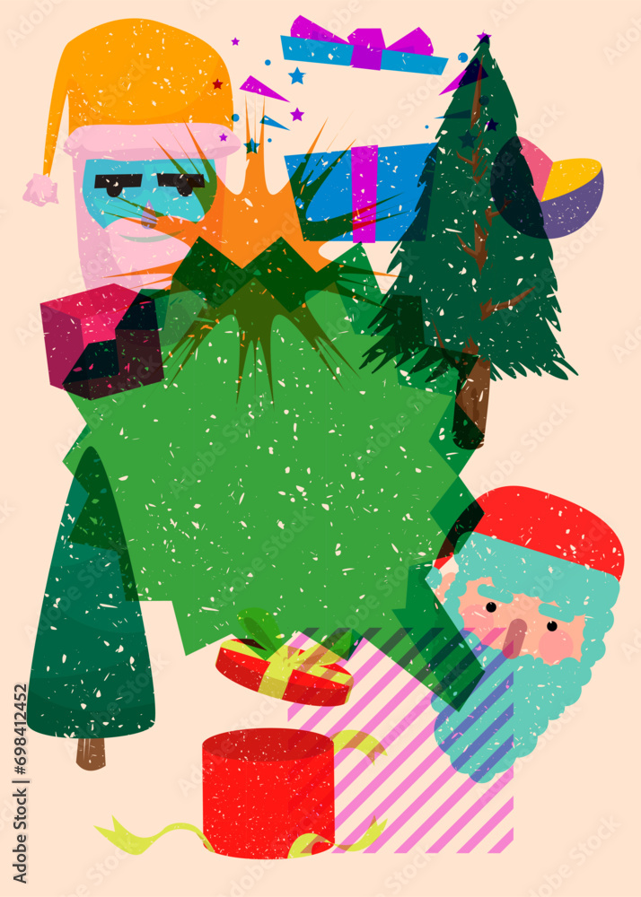 Poster risograph holiday, christmas with speech bubble and geometric shapes. pine tree, gift box, santa cla