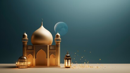 islamic decoration background with luxury style of lantern and crescent moon, ramadan kareem, mawlid, iftar, isra miraj, eid al fitr adha, muharram, copy space text area - generative ai