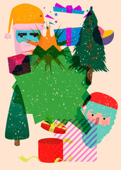 Risograph holiday, Christmas with speech bubble and geometric shapes. Pine Tree, Gift Box, Santa Claus Head, face with objects in trendy riso graph print texture style design with geometry elements.
