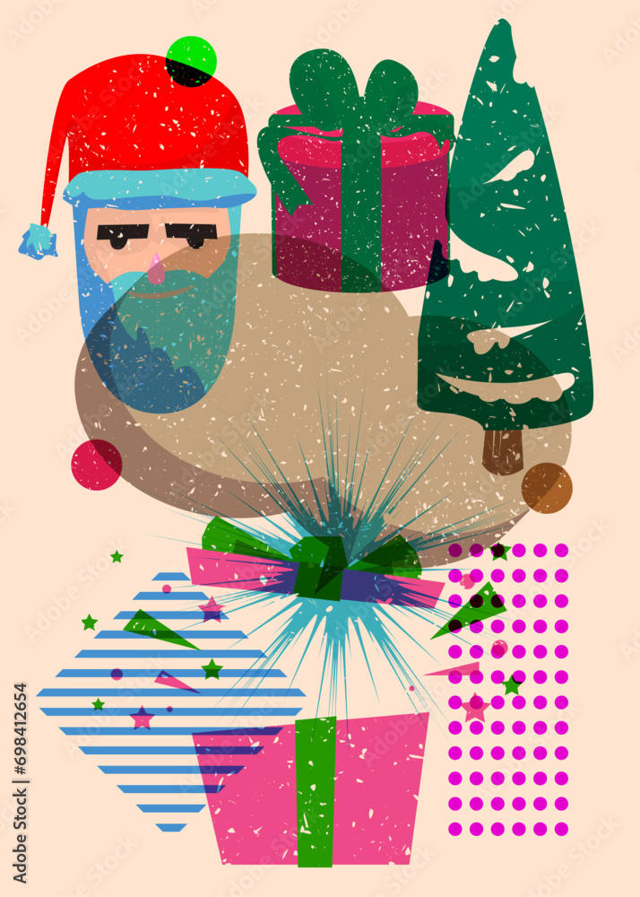 Poster risograph holiday, christmas with speech bubble and geometric shapes. pine tree, gift box, santa cla