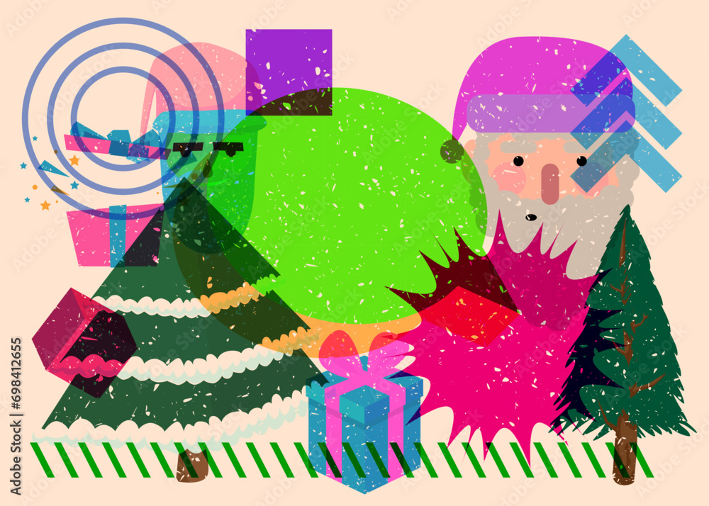 Poster risograph holiday, christmas with speech bubble and geometric shapes. pine tree, gift box, santa cla