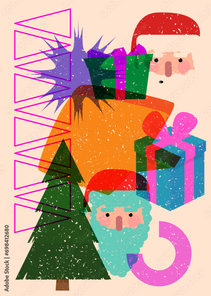 Poster risograph holiday, christmas with speech bubble and geometric shapes. pine tree, gift box, santa cla