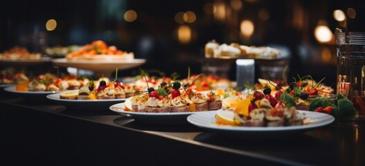 Gourmet appetizers on elegant dining table at event. Catering and cuisine.