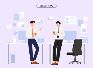 회사에서 휴식시간에 대화를 나누며 커피를 마시는 일러스트