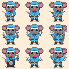 Mascot cartoon of cute Mouse wearing mechanic uniform and cap. Cute Mouse illustration. Character animal. Mechanic cartoon set. Vector illustration in isolated background. 