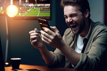 Guy being happy winning bet online sport gambling application mobile phone - obrazy, fototapety, plakaty