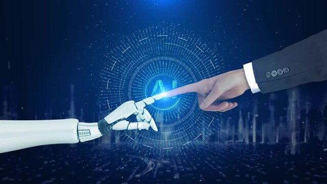 3D Digital artificial intelligence AI research of robot and Human development. Future of people living. data mining and machine learning technology computer brain. future block chain science research