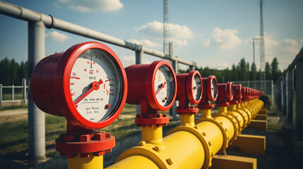 Red color pressure meter on yellow gas tank - obrazy, fototapety, plakaty