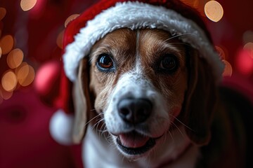 Beagle smiling wearing a Christmas hat, portrait